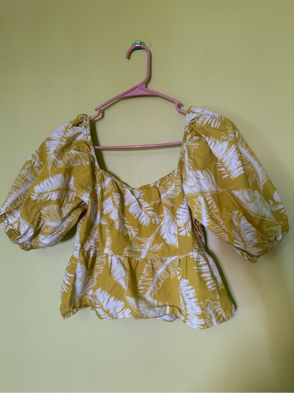 Smocked Puff Sleeve Peplum Top - yellow Leaf Print